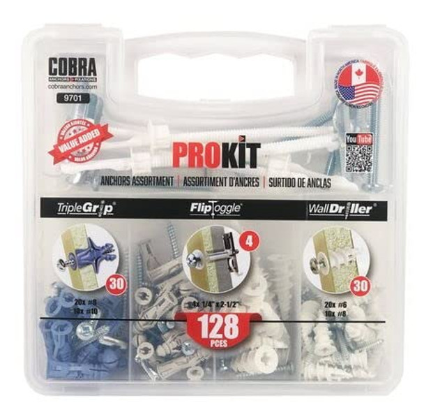 Cobra PROKIT 9701 Anchor Assortment - Triple Grip, Flip Toggle, and Walldriller (128 Pieces) kit